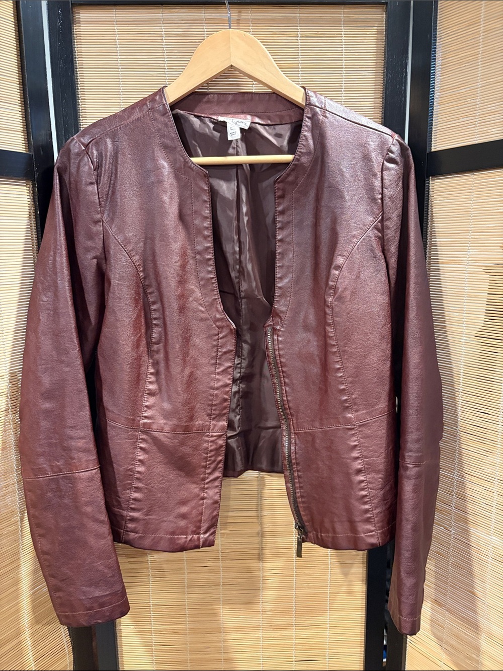 Women's Burgundy Faux Leather Collarless Zip Jacket